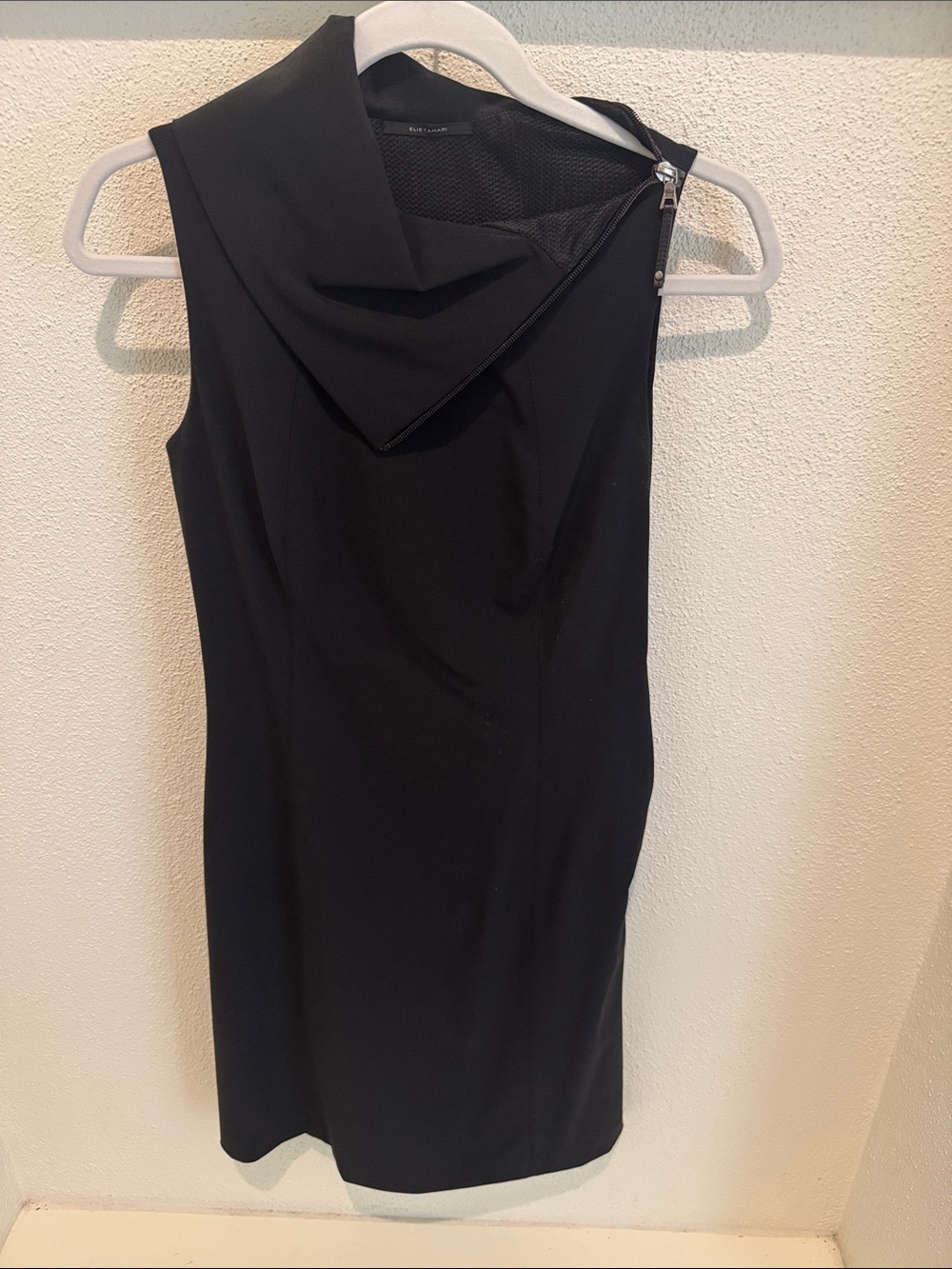 Elie Tahari Black One-Shoulder Sheath Dress with Folded Collar